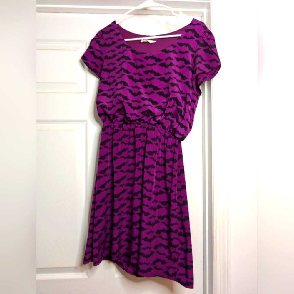 Peach Love California ModCloth Oh My Gosh Dress in Purple Bat Print
